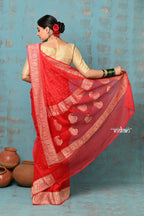 Very Much Indian Suhaani - Handloom Khaddi Georgette Saree With Sleek Border - Red (Silk Mark)
