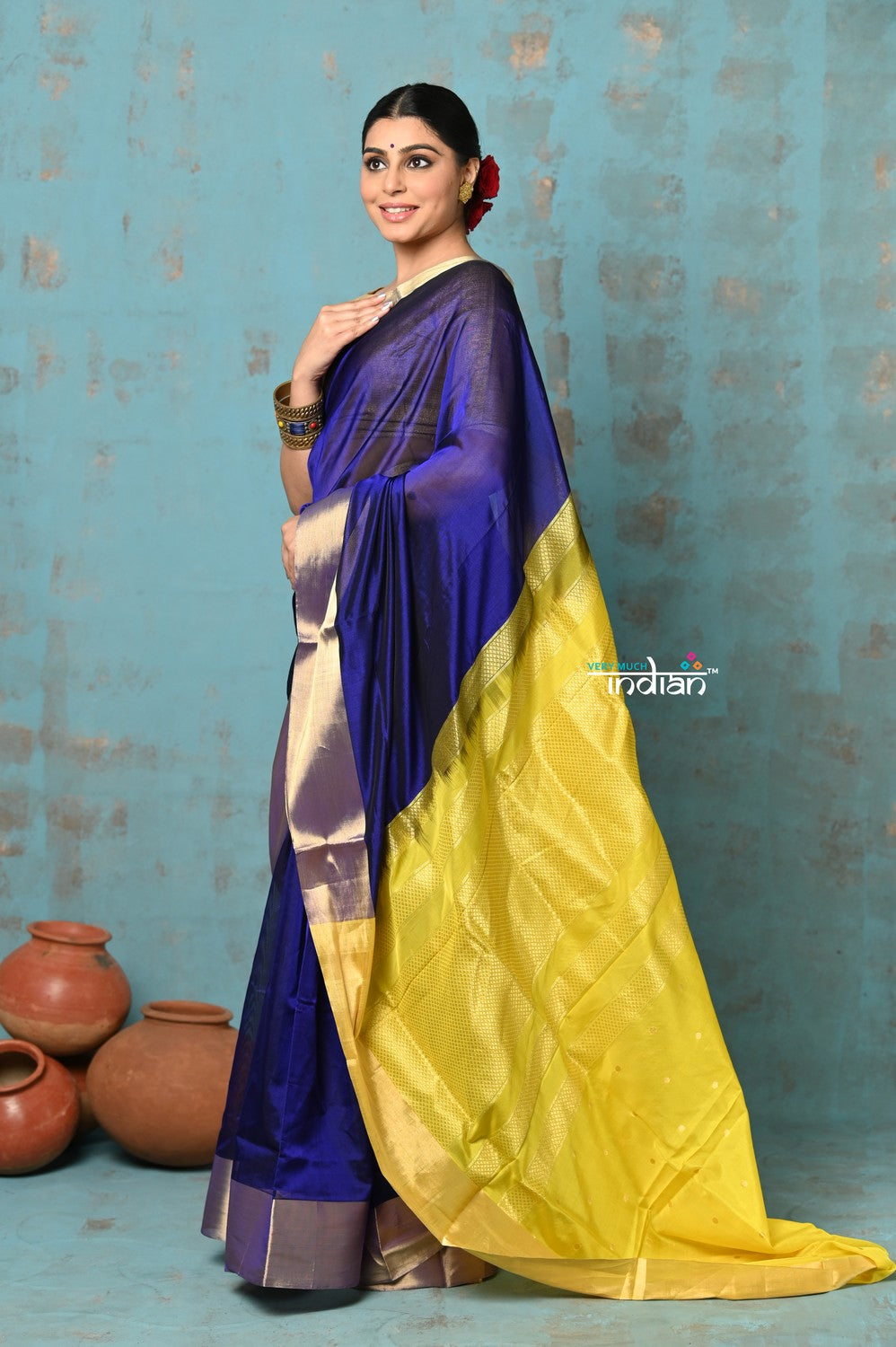 Very Much Indian Prerna - Handloom Pure Chanderi Cotton Silk Saree With Golden Border - Royal Blue
