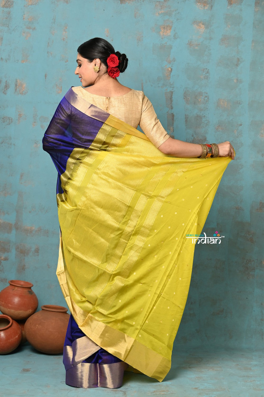 Very Much Indian Prerna - Handloom Pure Chanderi Cotton Silk Saree With Golden Border - Royal Blue