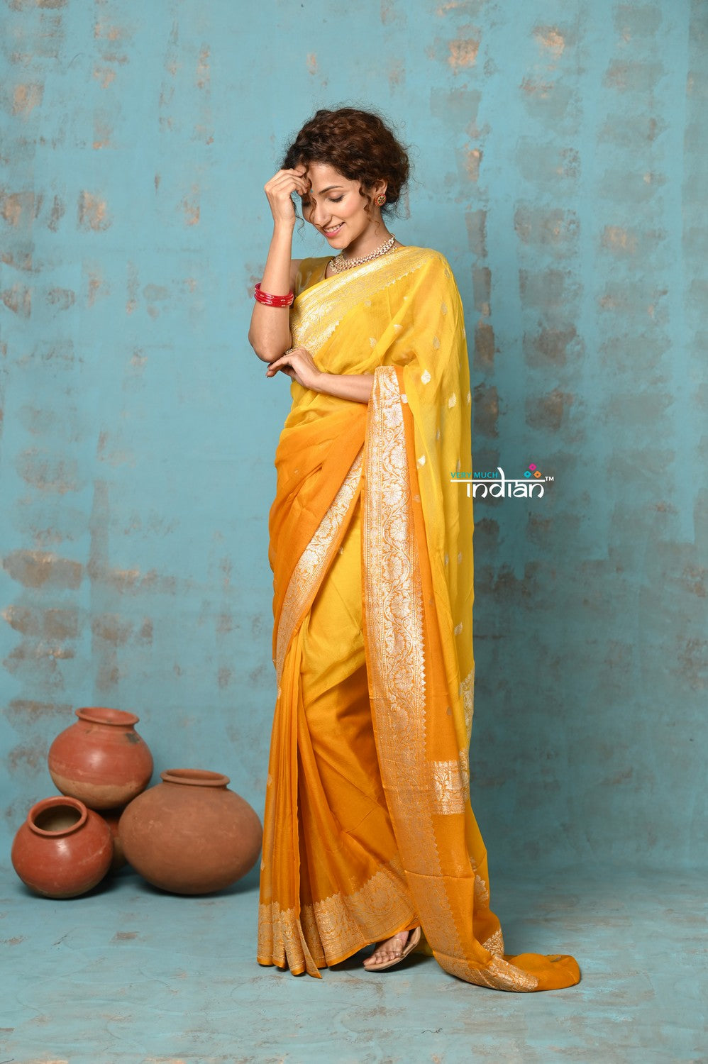 Very Much Indian Suhaani - Handloom Khaddi Georgette Saree With Sleek Border - Ombre Yellow (Silk Mark)