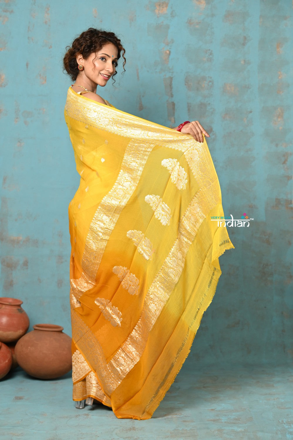 Very Much Indian Suhaani - Handloom Khaddi Georgette Saree With Sleek Border - Ombre Yellow (Silk Mark)