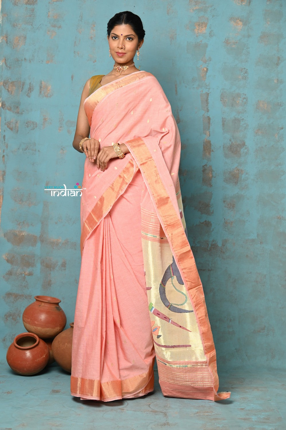 Very Much Indian Tyohaar - Handloom Pure Cotton Paithani With Instrumental Pallu - Peach - Distacart