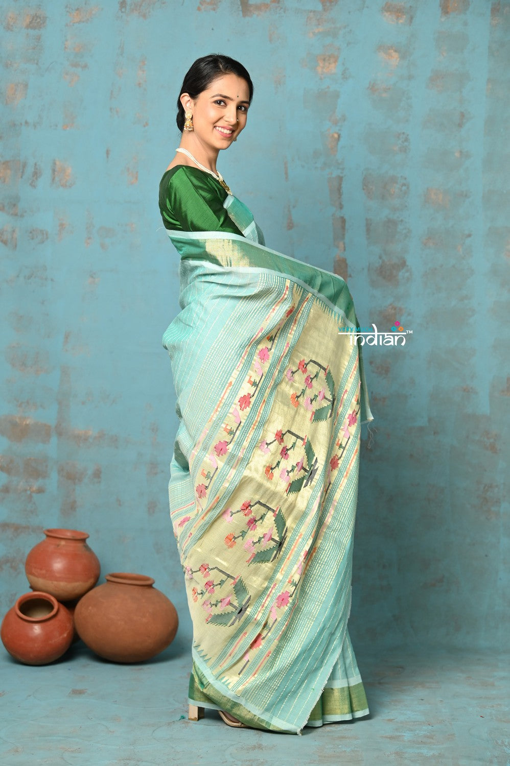 Very Much Indian Tyohaar - Handloom Pure Cotton Paithani With Revival Asawali Pallu - Sea Blue - Distacart