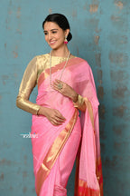 Very Much Indian Prerna - Handloom Pure Chanderi Cotton Silk Saree With Golden Border - Feather Pink