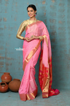 Very Much Indian Prerna - Handloom Pure Chanderi Cotton Silk Saree With Golden Border - Feather Pink
