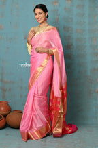 Very Much Indian Prerna - Handloom Pure Chanderi Cotton Silk Saree With Golden Border - Feather Pink