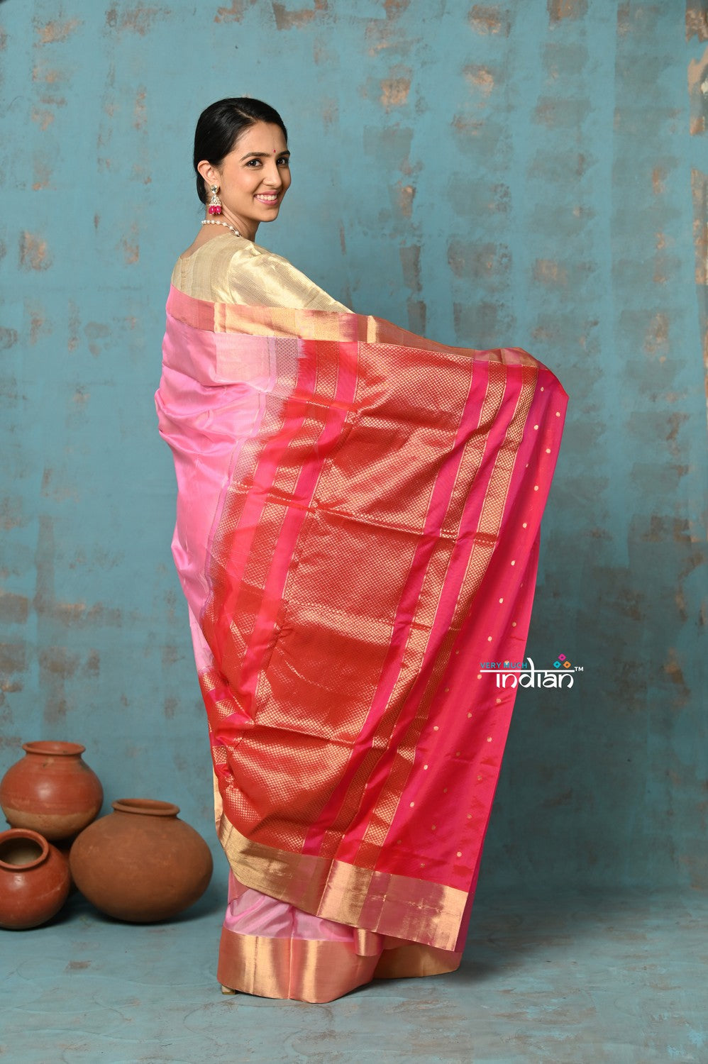 Very Much Indian Prerna - Handloom Pure Chanderi Cotton Silk Saree With Golden Border - Feather Pink