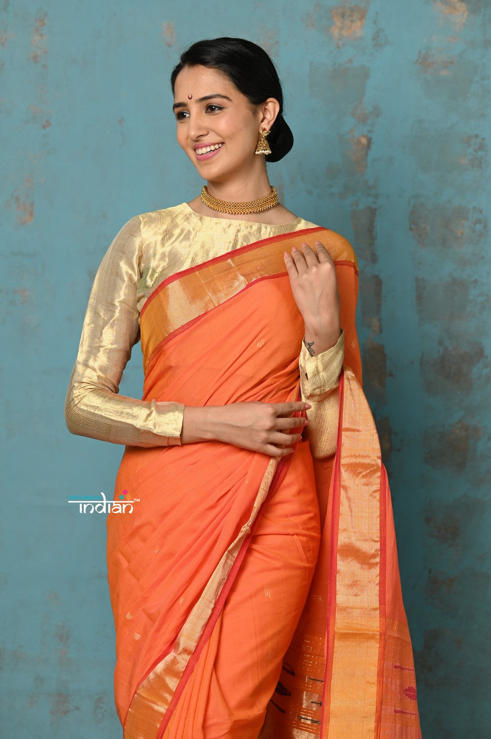 Very Much Indian Tyohaar - Handloom Pure Cotton Paithani With Asawali Pallu - Serene Orange - Distacart