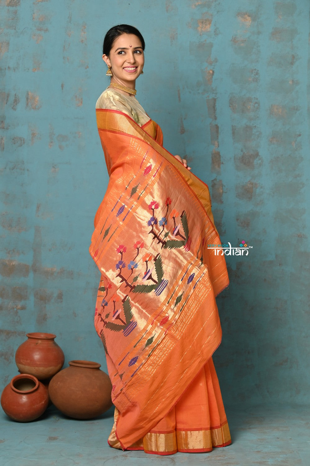 Very Much Indian Tyohaar - Handloom Pure Cotton Paithani With Asawali Pallu - Serene Orange - Distacart
