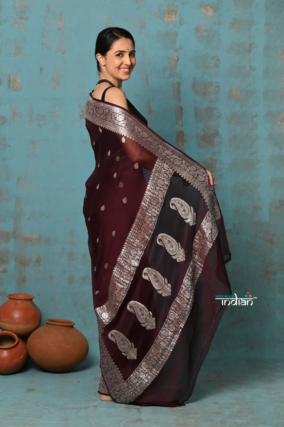 Very Much Indian Suhaani - Handloom Khaddi Georgette Saree With Sleek Border - Maroon (Silk Mark) - Distacart