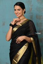 Very Much Indian Prerna - Handloom Pure Chanderi Cotton Silk Saree With Golden Border - Black