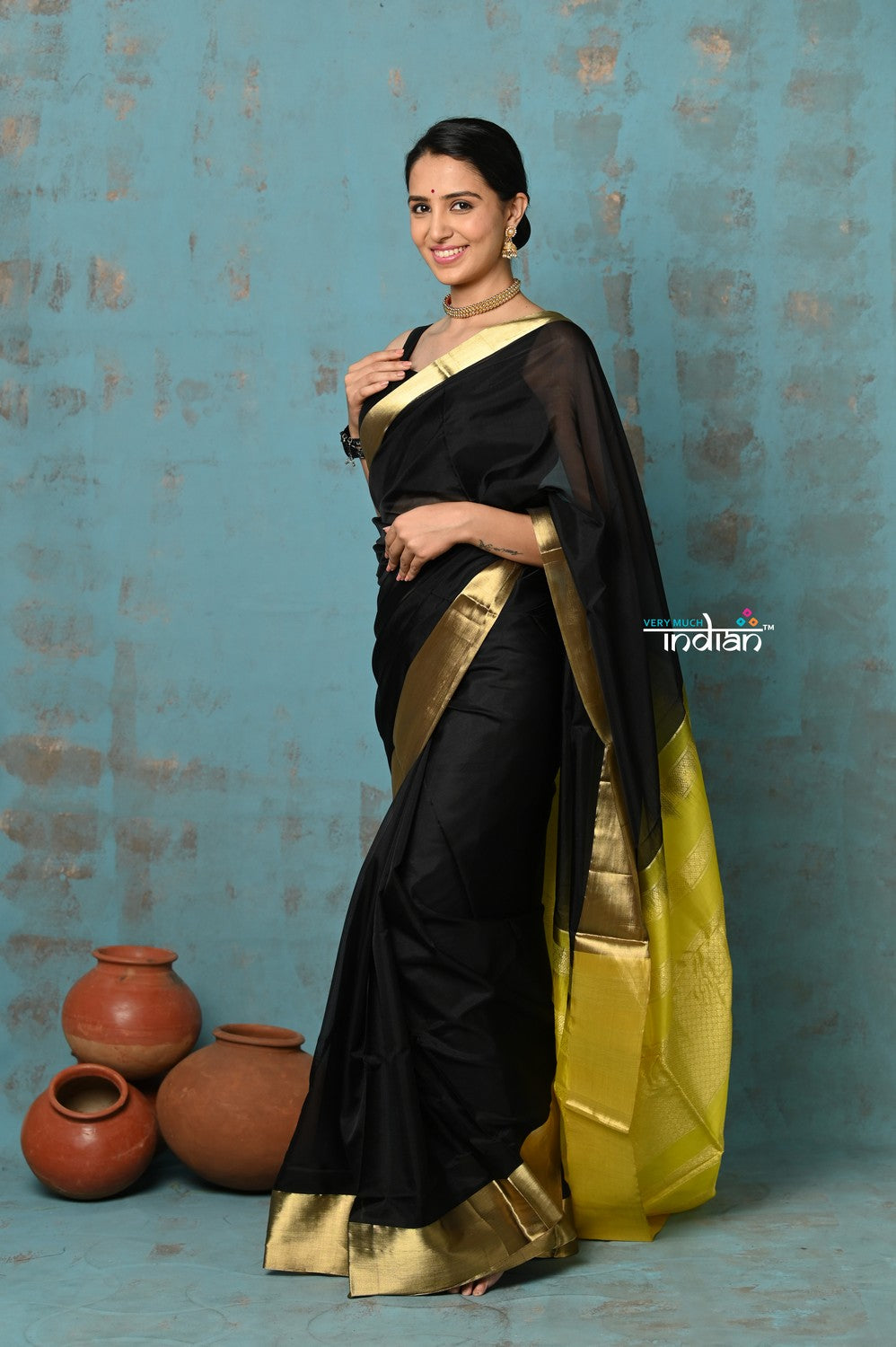 Very Much Indian Prerna - Handloom Pure Chanderi Cotton Silk Saree With Golden Border - Black