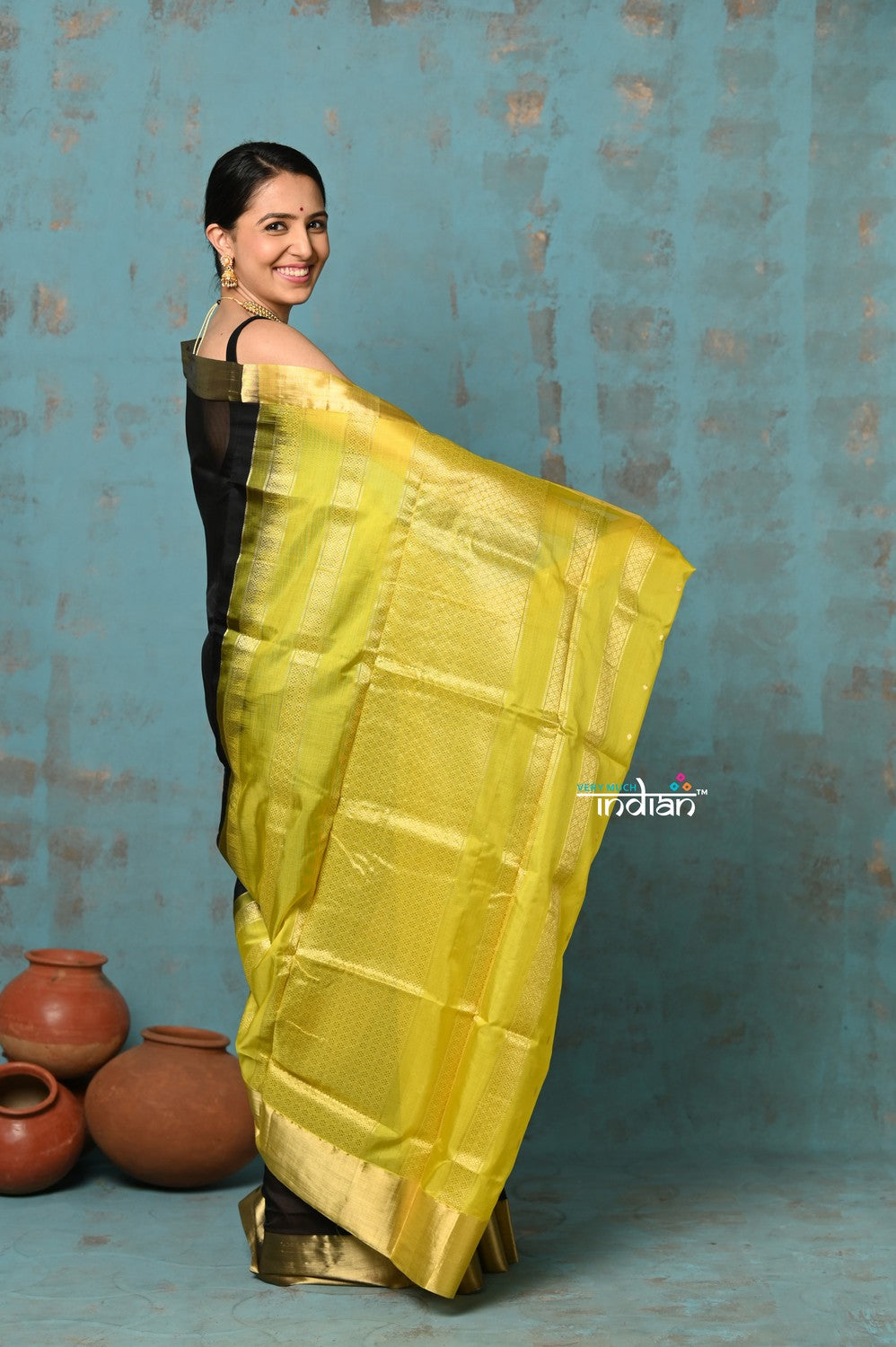 Very Much Indian Prerna - Handloom Pure Chanderi Cotton Silk Saree With Golden Border - Black