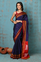 Very Much Indian Tyohaar - Traditional Handloom Royal Blue Ilkal Cotton Viscose with Red Pure Silk Pallu