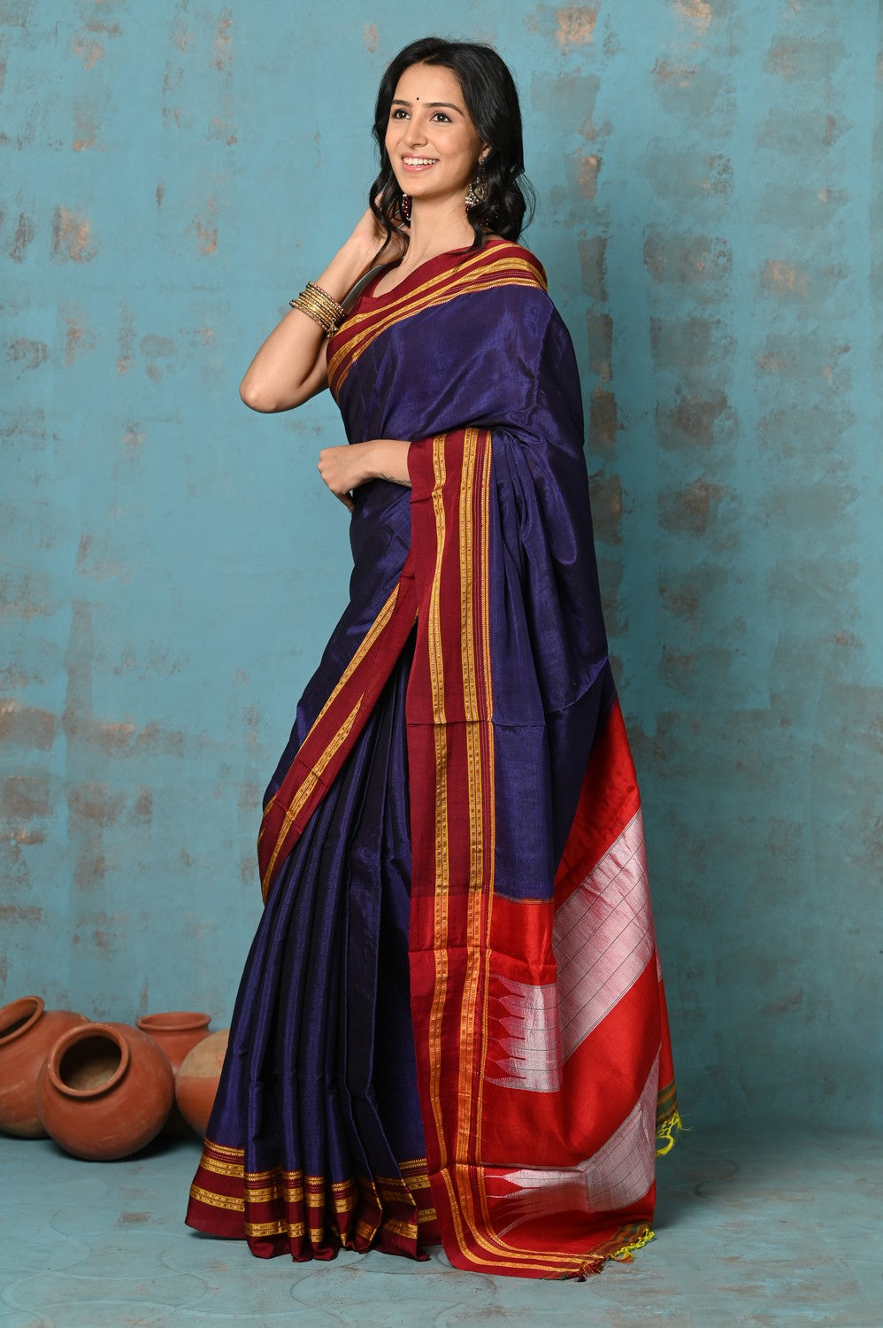 Very Much Indian Tyohaar - Traditional Handloom Royal Blue Ilkal Cotton Viscose with Red Pure Silk Pallu