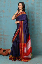 Very Much Indian Tyohaar - Traditional Handloom Royal Blue Ilkal Cotton Viscose with Red Pure Silk Pallu