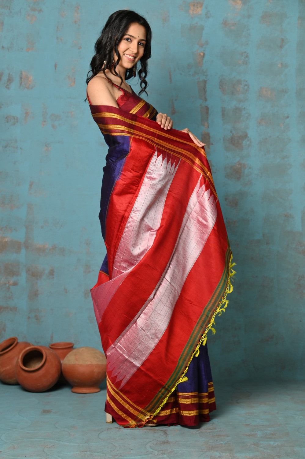 Very Much Indian Tyohaar - Traditional Handloom Royal Blue Ilkal Cotton Viscose with Red Pure Silk Pallu