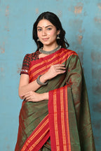 Very Much Indian Tyohaar - Traditional Handloom Dual Tone Green Red Ilkal Cotton Viscose with Red Pure Silk Pallu