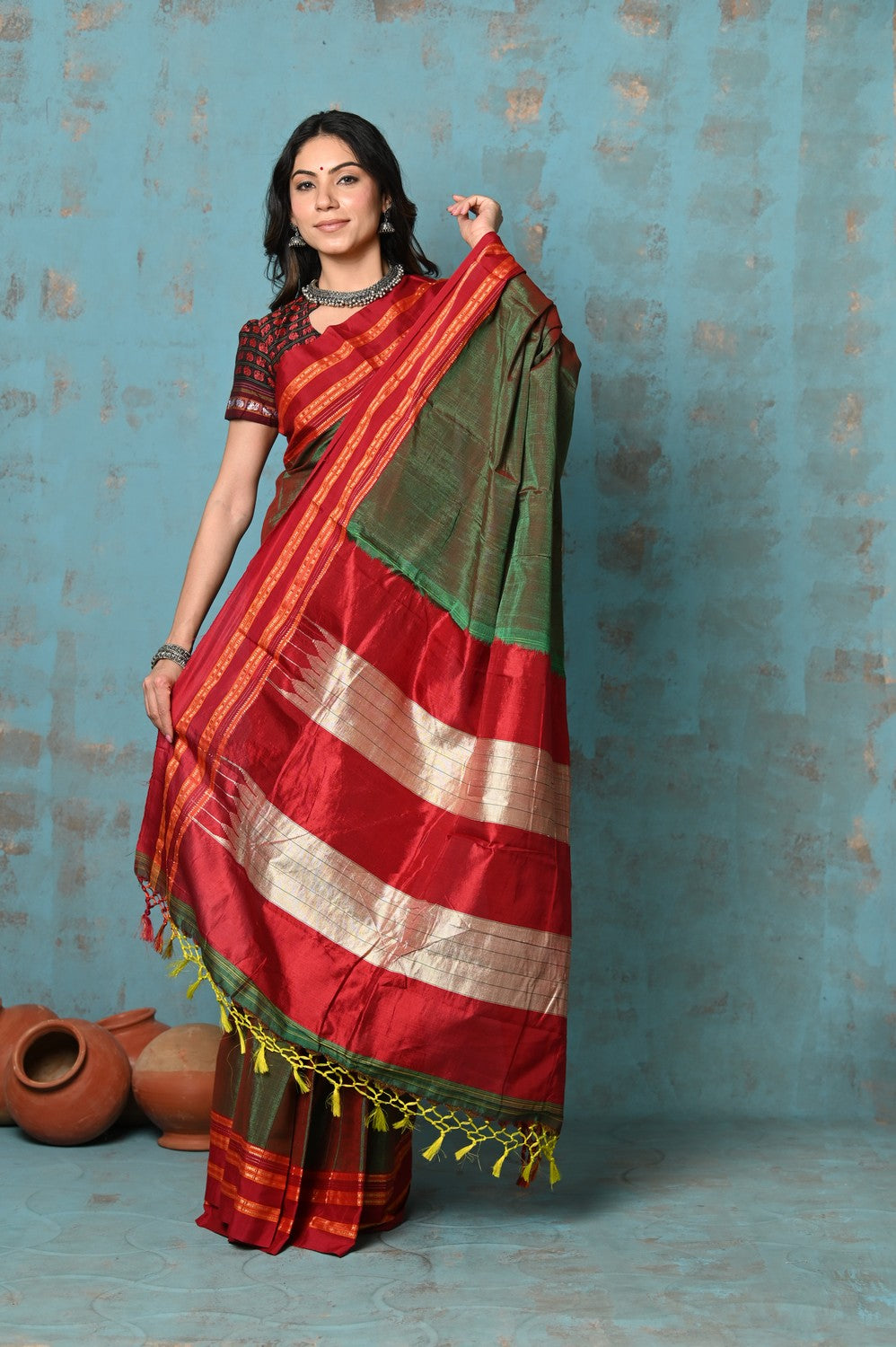 Very Much Indian Tyohaar - Traditional Handloom Dual Tone Green Red Ilkal Cotton Viscose with Red Pure Silk Pallu