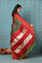 Very Much Indian Tyohaar - Traditional Handloom Dual Tone Green Red Ilkal Cotton Viscose with Red Pure Silk Pallu