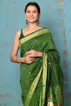 Very Much Indian Tyohaar - Handloom Pure Cotton Paithani With Lotus Pallu - Leaf Green - Distacart