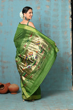 Very Much Indian Tyohaar - Handloom Pure Cotton Paithani With Lotus Pallu - Leaf Green - Distacart