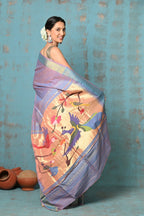 Very Much Indian Tyohaar - Handloom Pure Cotton Paithani With Parrot Peacock Pallu- Dual Tone Sky Blue & Purple - Distacart