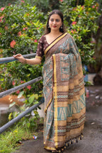 Grey Silk Blend Geometric Saree with Unstitched Blouse - A2M
