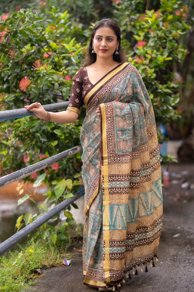 Grey Silk Blend Geometric Saree with Unstitched Blouse - A2M