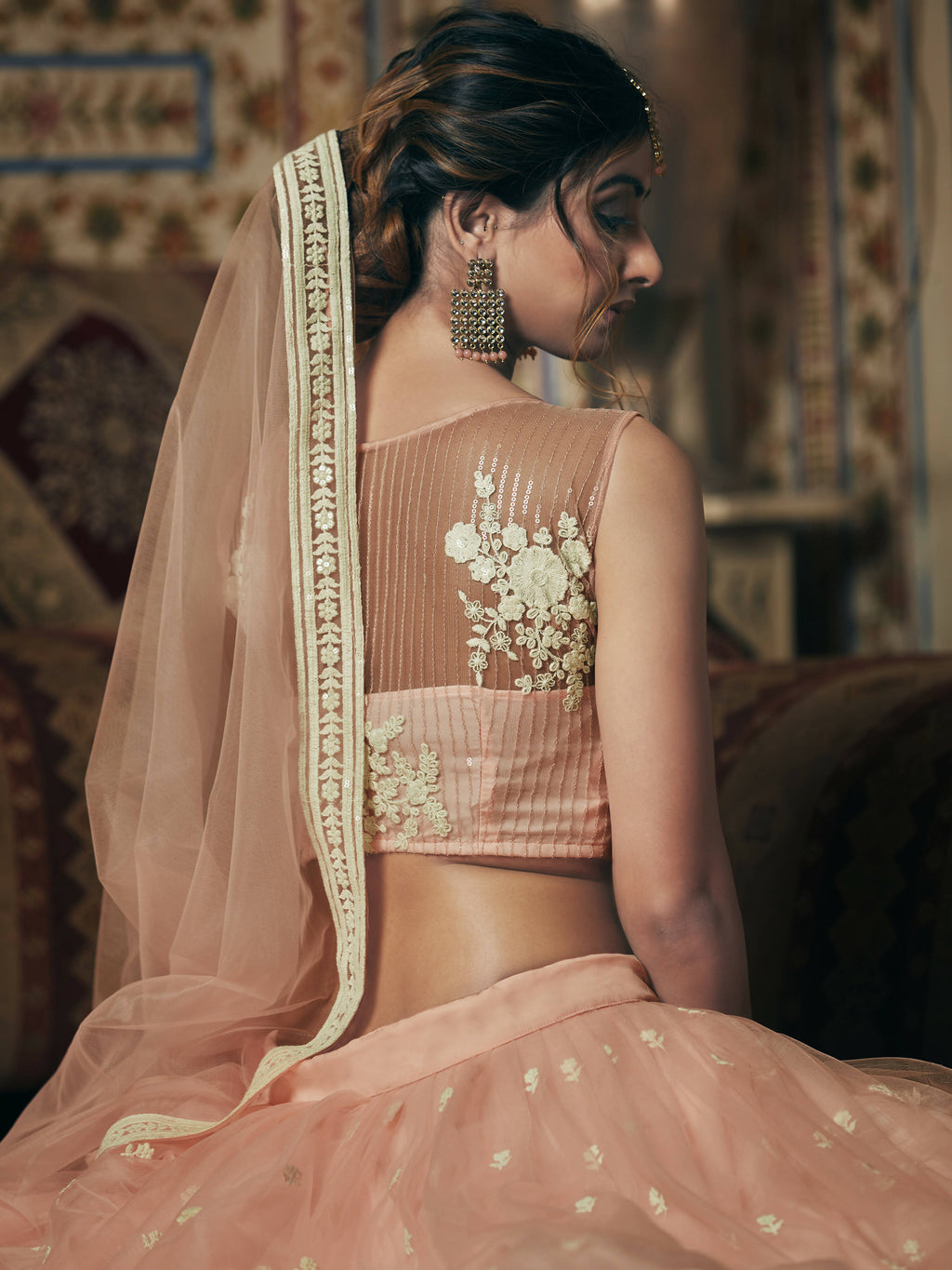 Wedding Designer Sequene Zari Resham Embroidery Peach Net Lahengha Choli - Anbazaar - Distacart