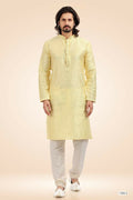 Raivat Ethnic Jacquard Banarasi Silk Pintux Work Kurta Pajama In Lemon Colour