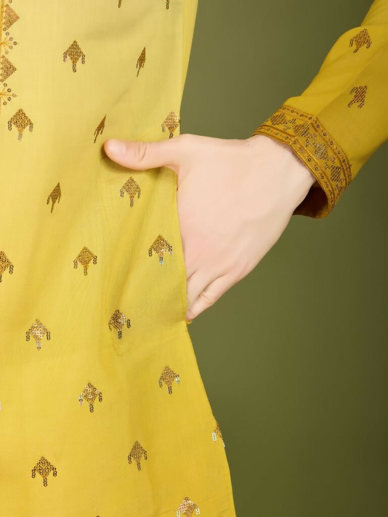 Vastranavya Ombre Yellow Premium Viscose Silk Thread & Sequence Embroidery work Kurta