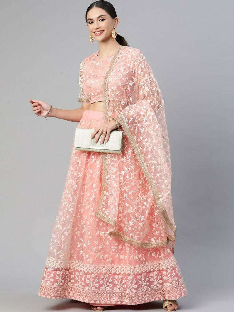 Peach Soft Net Thread Embroidery Work Lehenga Choli - Jihu Culture