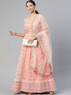 Peach Soft Net Thread Embroidery Work Lehenga Choli - Jihu Culture
