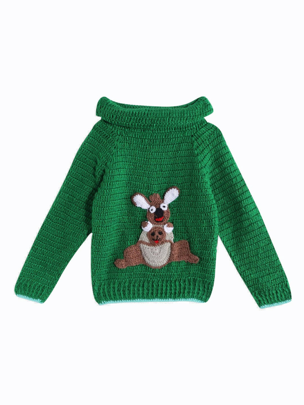 Chutput Kids Woollen Hand Knitted Full Sleeves Kangaroo Detail Cardigan For Baby Boys - Green
