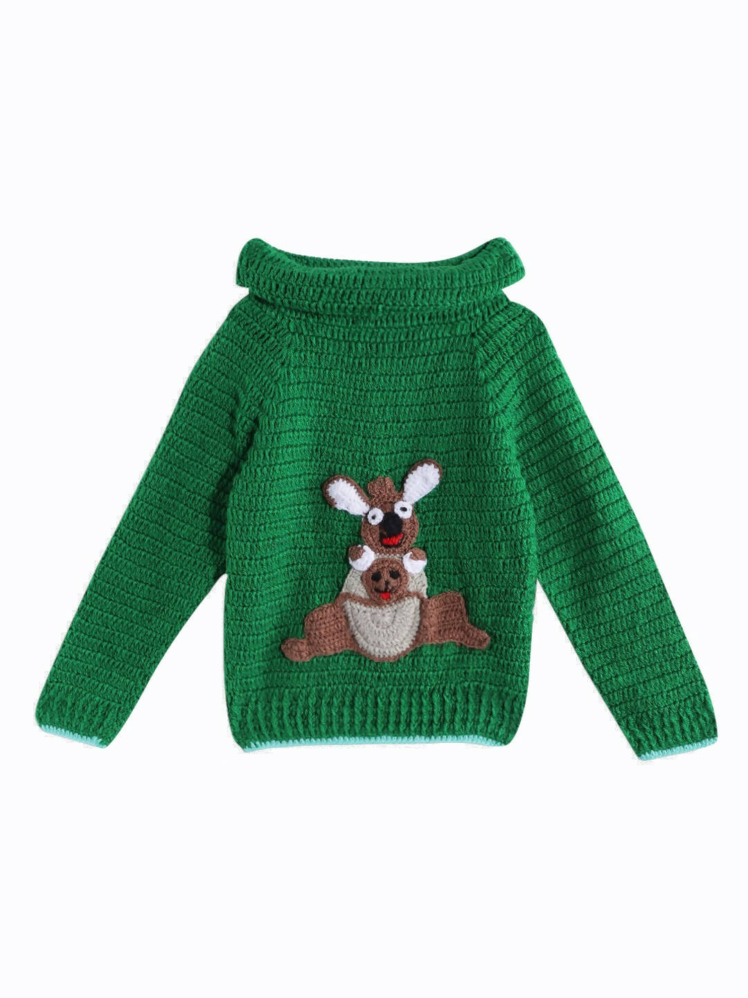 Chutput Kids Woollen Hand Knitted Full Sleeves Kangaroo Detail Cardigan For Baby Boys - Green