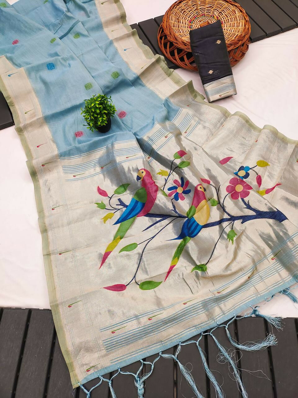 Vastranavya Sky Blue Muga Cotton Meenakari & Munia Weaving Pallu Saree with Contrast Blouse - Distacart