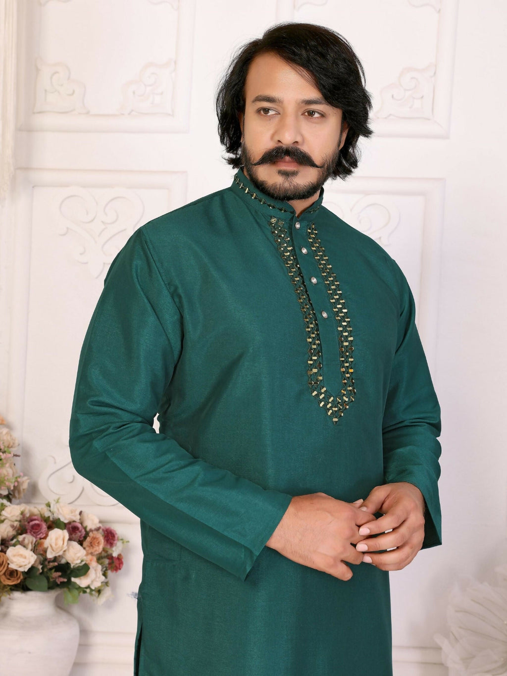 Anaita Green Silk Straight Kurta With Neck Mirror Work