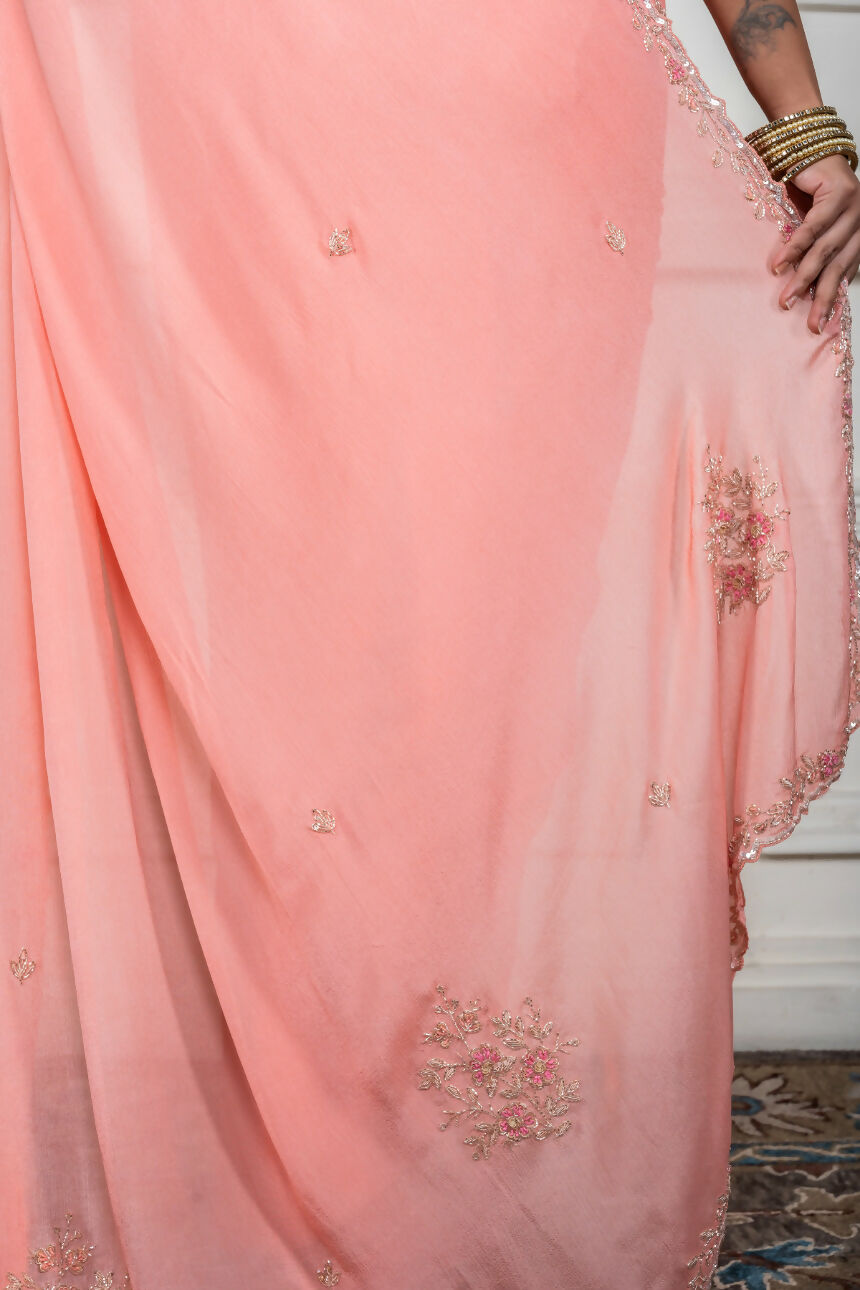 Morchari Peach Chiffon Hand Embroidery Saree And Stitched Blouse - Distacart