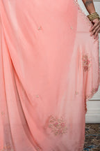 Morchari Peach Chiffon Hand Embroidery Saree And Stitched Blouse - Distacart
