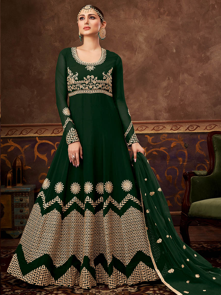 Myra Deep Green Real Georgette Embroidered Anarkali Suit