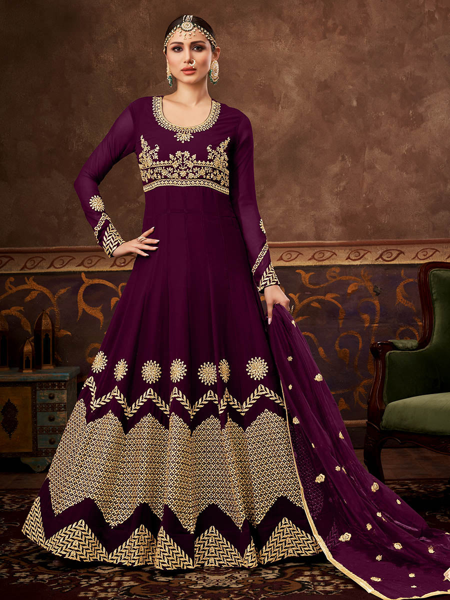 Myra Wine Real Georgette Embroidered Anarkali Suit - Distacart