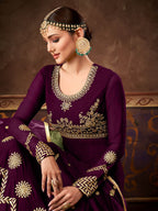 Myra Wine Real Georgette Embroidered Anarkali Suit - Distacart