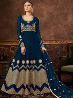 Myra Rama Green Real Georgette Embroidered Anarkali Suit - Distacart