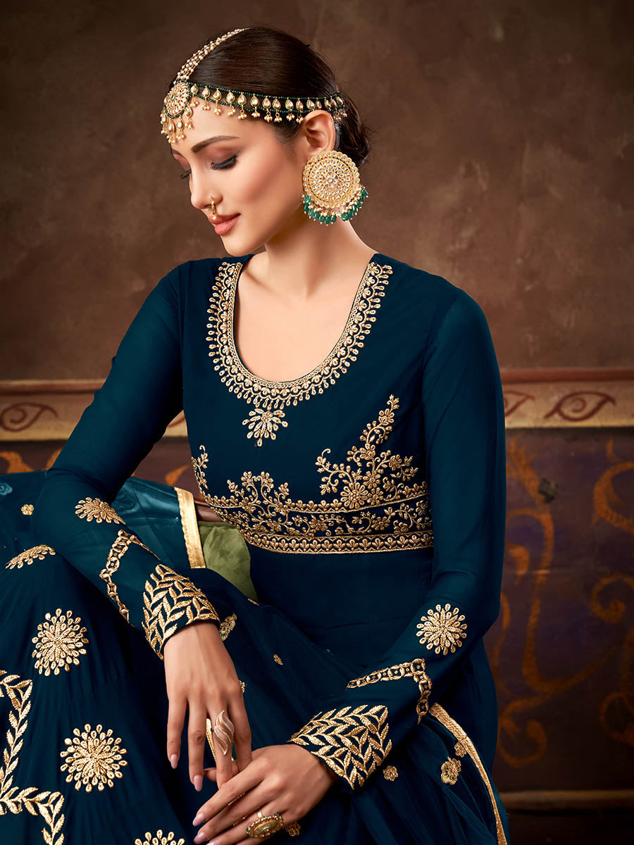 Myra Rama Green Real Georgette Embroidered Anarkali Suit - Distacart