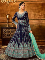 Myra Navy Blue and Sea Blue Pure Georgette Embroidered Party Wear Suit