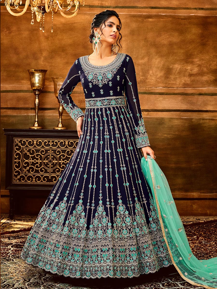 Myra Navy Blue and Sea Blue Pure Georgette Embroidered Party Wear Suit