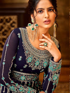 Myra Navy Blue and Sea Blue Pure Georgette Embroidered Party Wear Suit