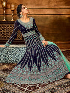 Myra Navy Blue and Sea Blue Pure Georgette Embroidered Party Wear Suit