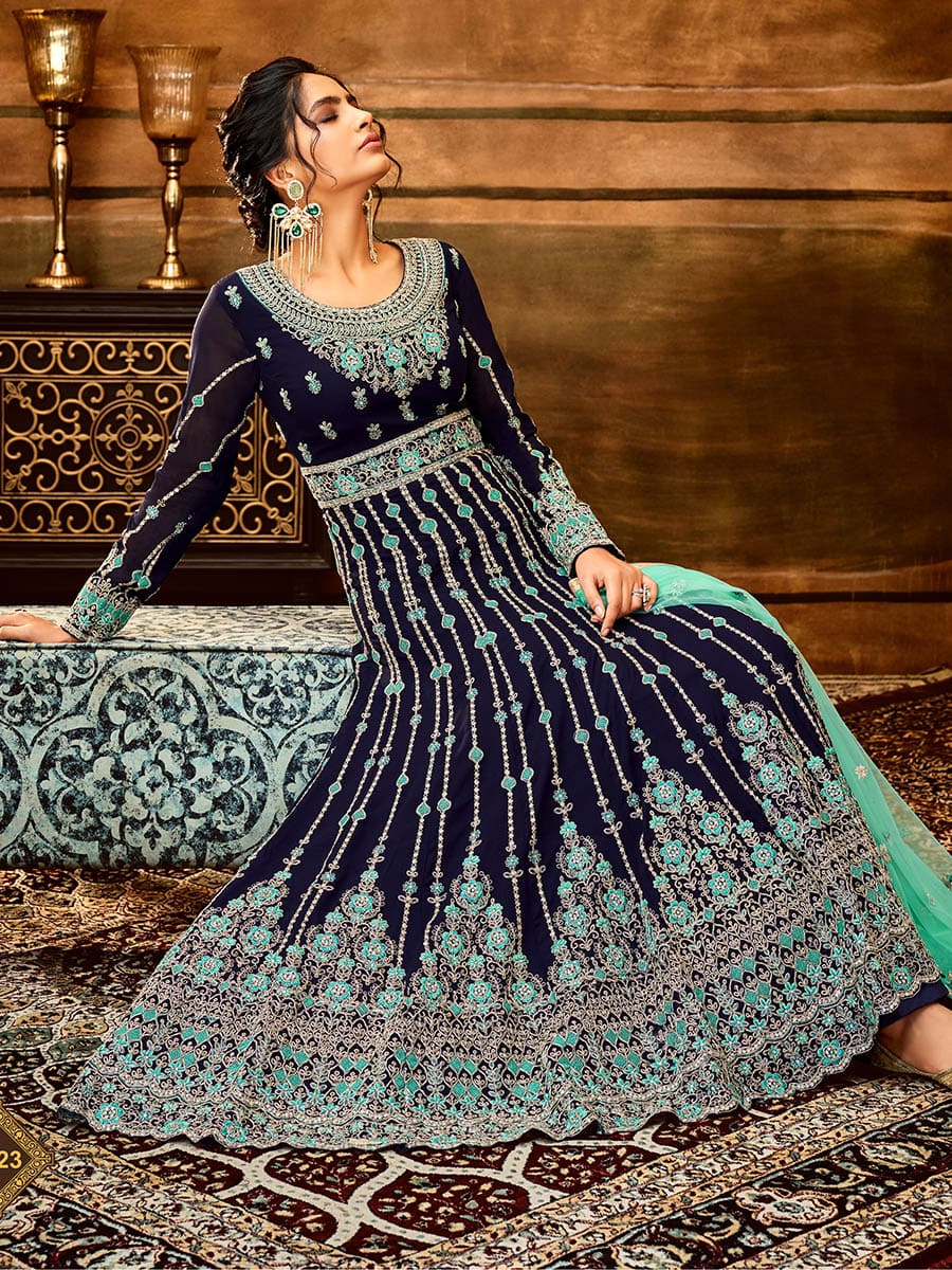 Myra Navy Blue and Sea Blue Pure Georgette Embroidered Party Wear Suit